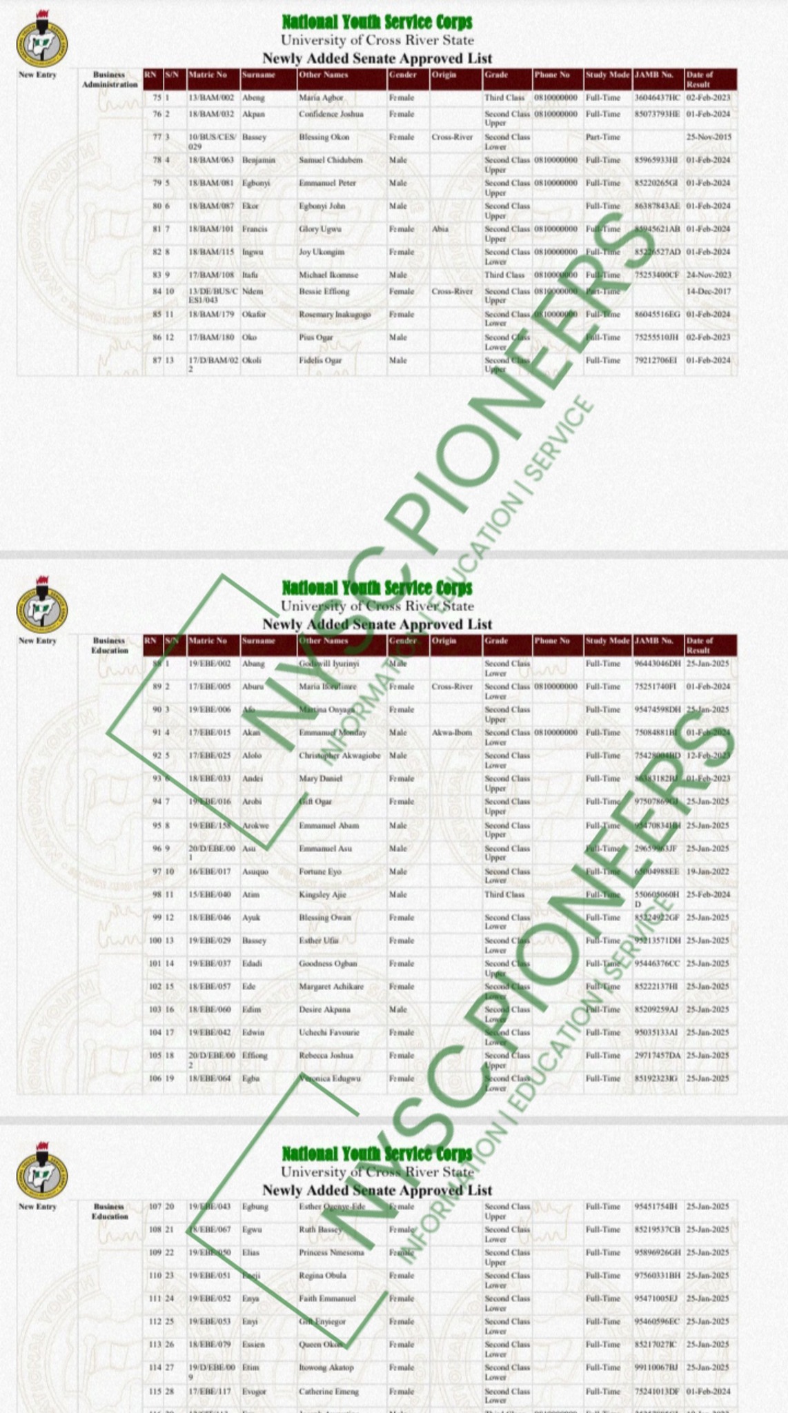 NYSC Internal Mobilization List For 2025 Batch A