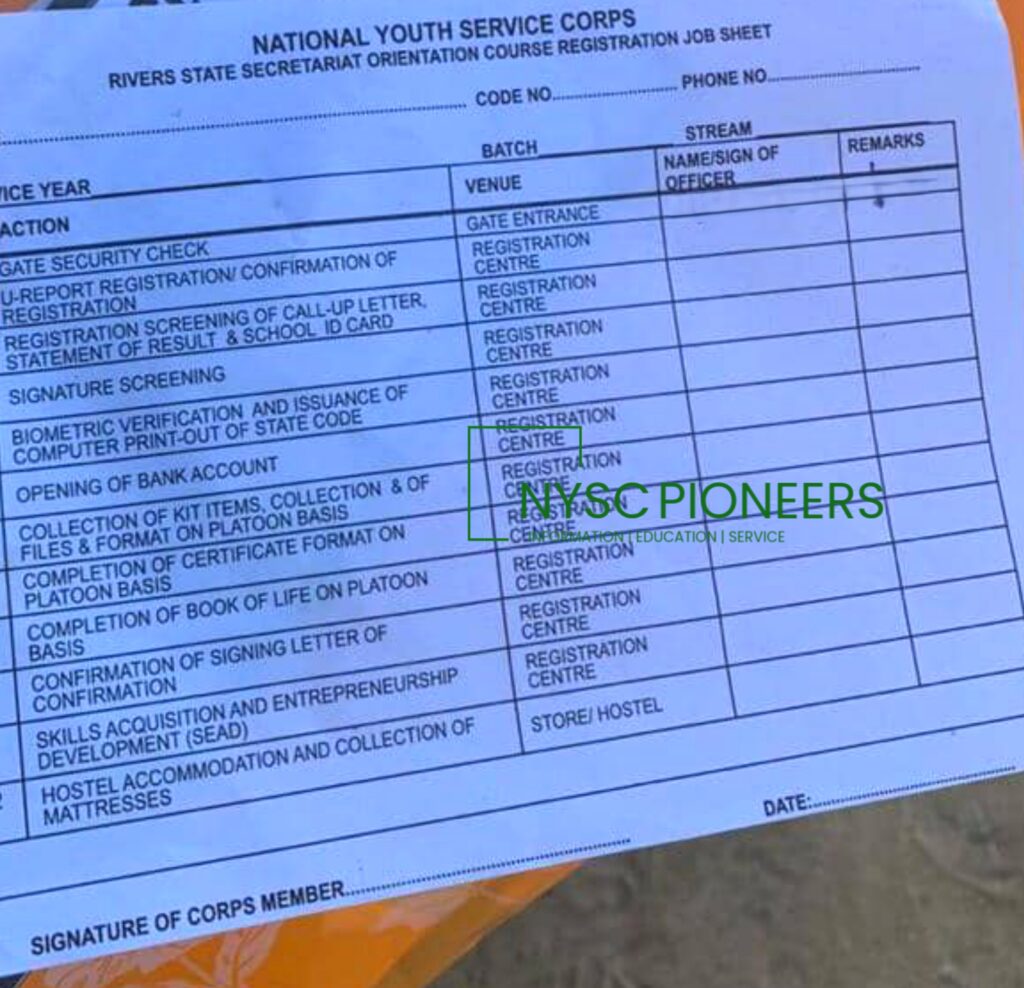 NYSC Camp Registration Job Sheet