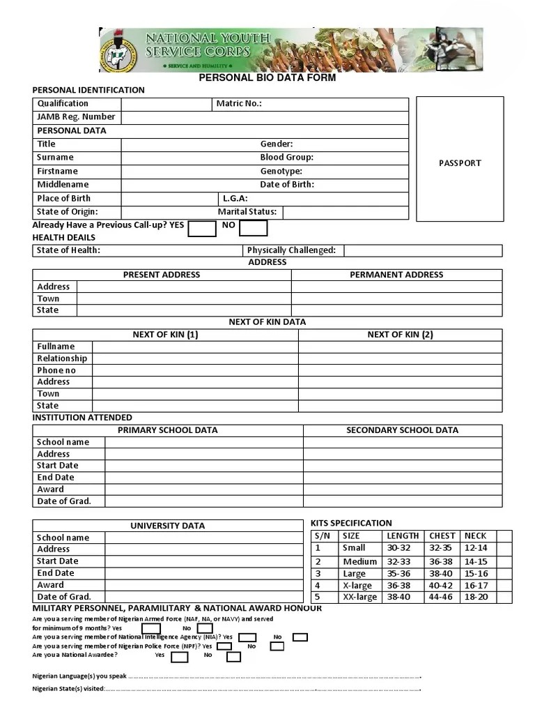 NYSC Bio Data Form